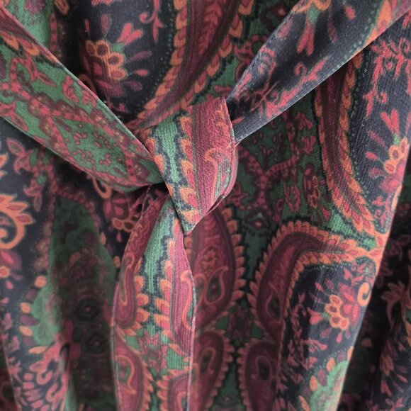 ZARA Jacquard Ribbon Dress , Long Sleeve Midi, Deep Green & Burgundy , Boho XS - Picture 8 of 15
